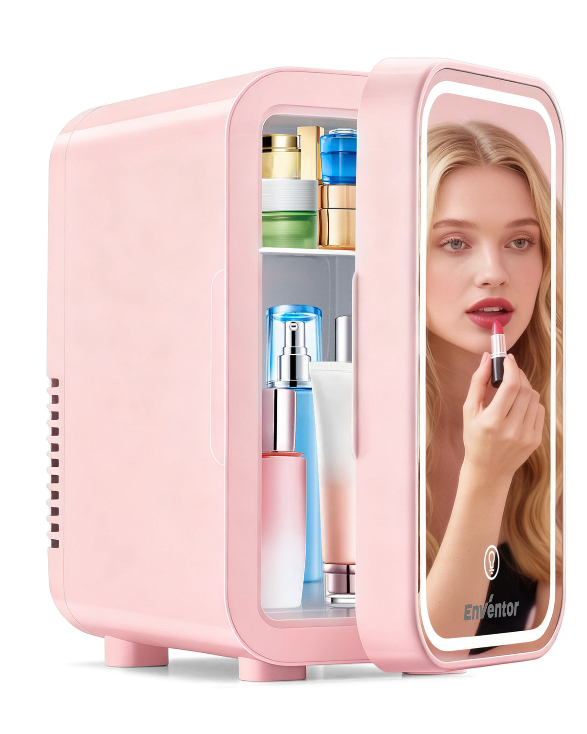 Pink mini refrigerator with cosmetic products and a mirror on a white background