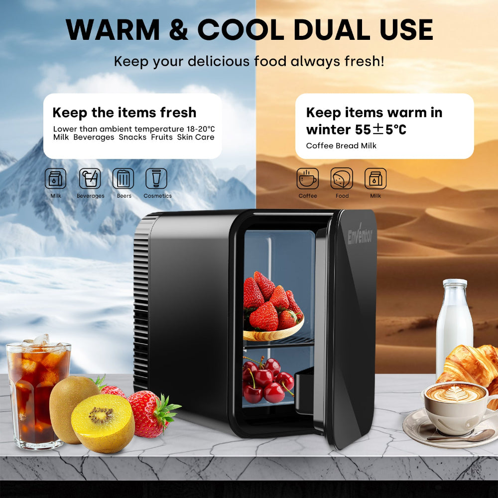 A black mini refrigerator with a glass door is shown on a marble countertop with food items and drinks, with promotional text above explaining dual warm and cool use. The background is split between an icy mountain scene on the left and a desert dune scene on the right.