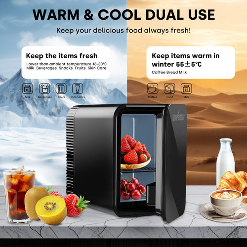 A black mini refrigerator with a glass door is shown on a marble countertop with food items and drinks, with promotional text above explaining dual warm and cool use. The background is split between an icy mountain scene on the left and a desert dune scene on the right.